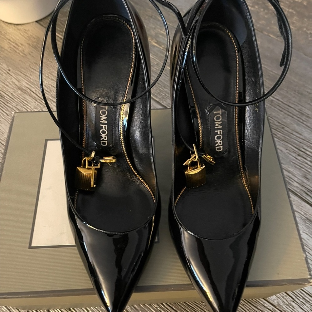 Tom Ford Black Patent Leather Heels with Gold Accents